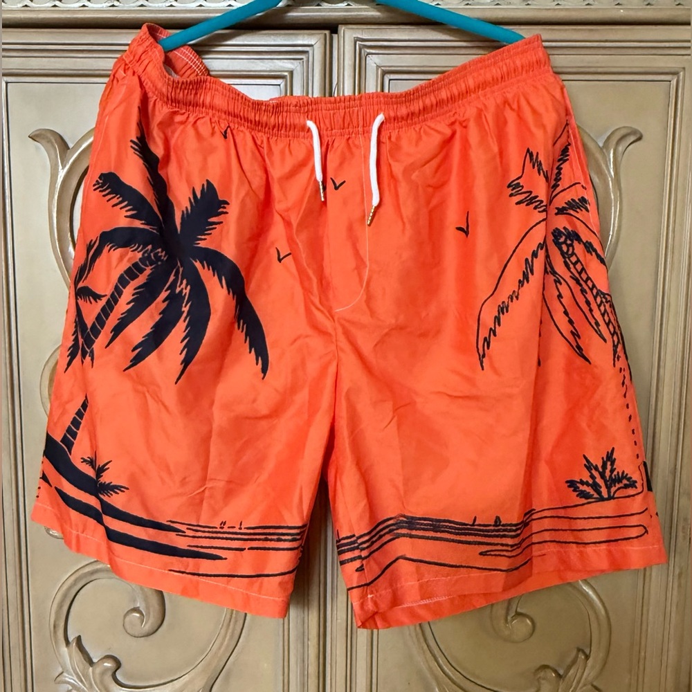 Men's Orange Palm-Print Swim Shorts XXXL nwot drawstring elastic waist & pockets